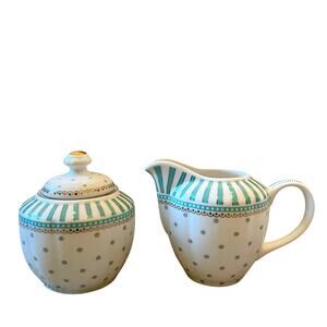 Grace Teaware Fine Porcelain Creamer & Sugar Aqua Blue & White Dots Stripes New